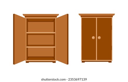 Open and closed wood closet or wardrobe isolated on white background .Natural wooden Furniture Vector illustration