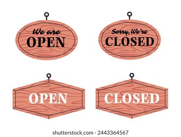 open closed wooden sign board store front tag round shape close 