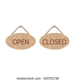 Open and closed wooden sign. Vector illustration
