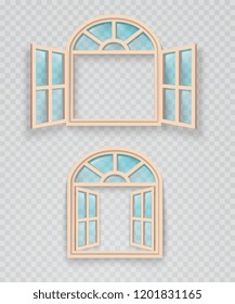 Open and closed wooden window on a transparent background. Exterior and interior window frames.