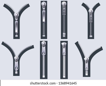 Open and closed zipper. Metal zip pulls, fabric unzip clasp and cloth zippers. Unzipping clothes zip, unlocking or closed metal zipper clasp. Isolated 3D realistic vector icons set