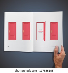 Open and closer red doors inside a book. Vector design.
