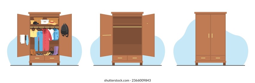 Open closet with clothes and shoes, empty open wardrobe and closed storage. Female fashion garments. Living room interior. Storing things. Cartoon flat style isolated vector concept