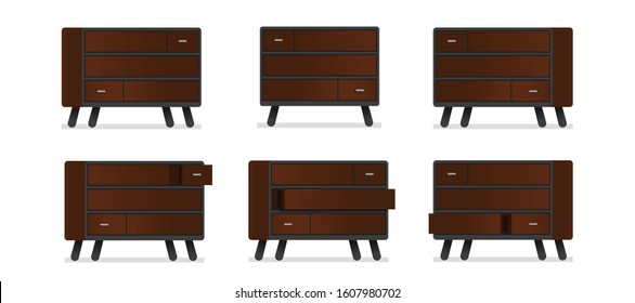 Open and closet natural wooden drawer in different perspective.