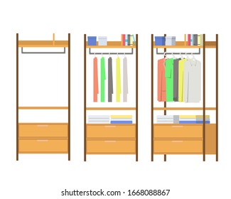 Open and closet simple wardrobe, furniture in flat cartoon style.