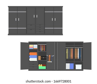 Open and closet wardrobe isolated in flat cartoon style