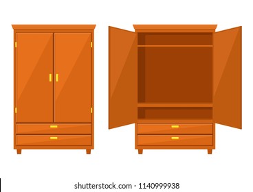 Open and closet wardrobe isolated on white background .Natural wooden Furniture. Wardrobe icon in flat style. Room interior element cabinet to create apartments design. Vector illustration - Shutterstock ID 1140999938
