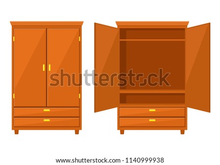 Open and closet wardrobe isolated on white background .Natural wooden Furniture. Wardrobe icon in flat style. Room interior element cabinet to create apartments design. Vector illustration