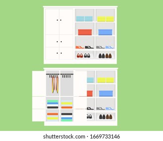 Open and closet white wardrobe in flat style