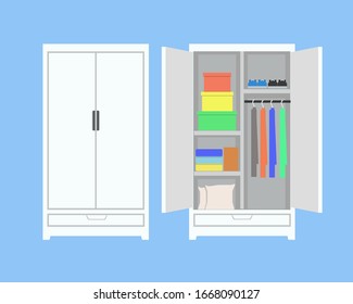 Open and closet white wardrobe, furniture in flat style.