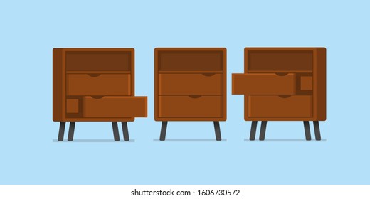 Open and closet wooden drawer in flat cartoon style.