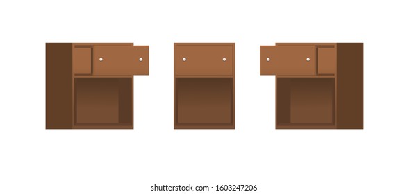 Open and closet wooden drawer on white background