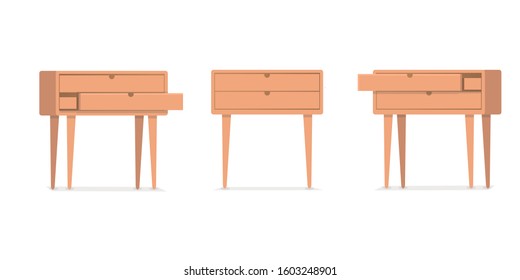 Open and closet wooden drawer on white background, design in flat cartoon style.