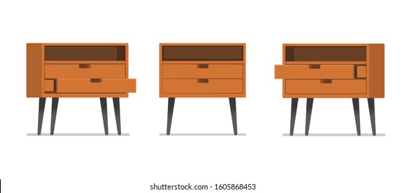 Open and closet wooden drawer on white background, design in flat cartoon style.