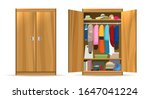 Open closets cupboard wardrobe. Closet with opening doors, clothing and shoes, hats and boxes. Wooden wardrobe with closed doors vector illustration