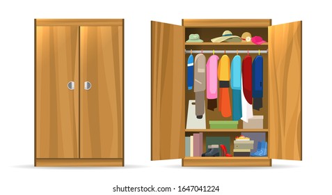 Open closets cupboard wardrobe. Closet with opening doors, clothing and shoes, hats and boxes. Wooden wardrobe with closed doors vector illustration