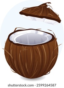 Open Coconut Shell with Top Lid Separated. Cartoon Vector Illustration Isolated.