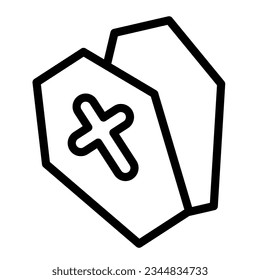 Open coffin with cross, halloween, funeral line icon, halloween concept, dead casket vector sign on white background, outline style icon mobile concept web design. Vector graphics.