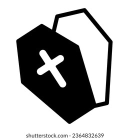 Open coffin with cross, halloween, funeral solid icon, halloween concept, dead casket vector sign on white background, glyph style icon for mobile concept and web design. Vector graphics