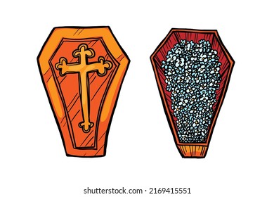 Open coffin filled with flowers vector illustration isolated on white background