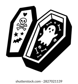 Open coffin with ghost and bones illustration halloween cemetery skeleton floating illustration