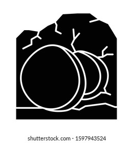 Open coffin glyph icon. Cave with large stone at entrance. Resurrection day. Jesus Christ is risen. Easter Sunday. Bible narrative. Silhouette symbol. Negative space. Vector isolated illustration