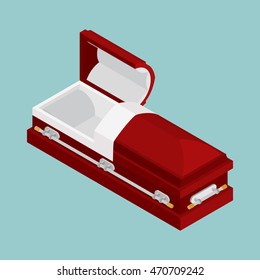 Open coffin isometrics. Wooden casket for burial. Red hearse. Religious illustration
