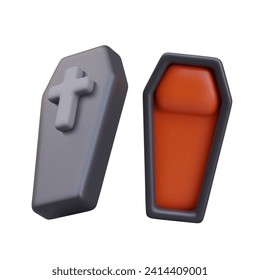 Tapa de ataúd abierta con cruz gris y ataúd naranja negro con un lugar para la persona de fondo blanco. Elemento decorativo de dibujos animados para Halloween. Ilustración vectorial en estilo 3d