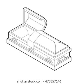 Open coffin in linear style. Wooden casket for burial. Red hearse. Religious illustration