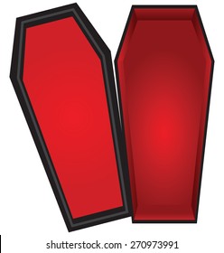 Open coffin with a red cloth inside the lid is open. Vector illustration.