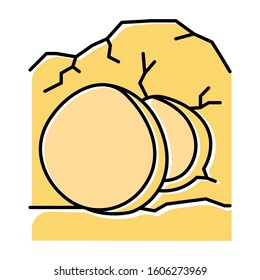 Open coffin yellow color icon. Cave with large stone at entrance. Resurrection day. Jesus Christ is risen. Easter Sunday. Bible narrative. Gospel story. Isolated vector illustration