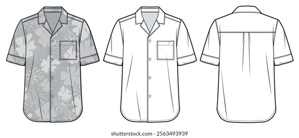 Open Collar Shirt technical fashion Illustration, floral pattern. Cuban Collar Shirt fashion flat technical drawing template, button down, front, back view, white, grey, women, men, unisex CAD mockup.