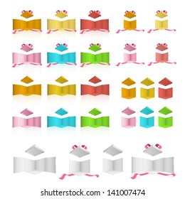 Open colorful box with red ribbons on isolated background. Vector design.