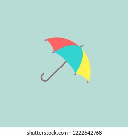 Open colorful funny umbrella. Flat icon isolated on powder blue. Flat design. Vector illustration. protection symbol. Rainy weather sign. Happiness, luck. Positive, creative thinking