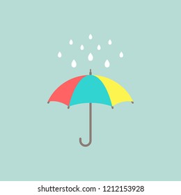 Open colorful funny umbrella with rain drops. Flat icon isolated on white. Flat design. Vector illustration. protection symbol. Rainy weather sign. Happiness, luck. Positive, creative thinking