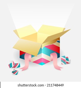 Open colorful striped magic box with a beam of magical supernatural light shining from inside and torn wrappers scattered around below with a pink ribbon, vector illustration