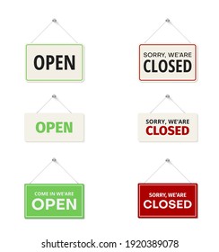 Open, come in, sorry we are closed hanging signs on door set in realistic style. Store business boards, plaques red, green collection. Storefront accessories. Vector illustration isolated on white.