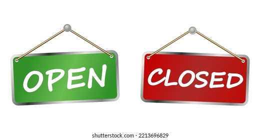 Open, come in, sorry we are closed hanging signs on door set in realistic style. Store business boards, plaques red, green collection. Storefront accessories. Vector illustration isolated on white.