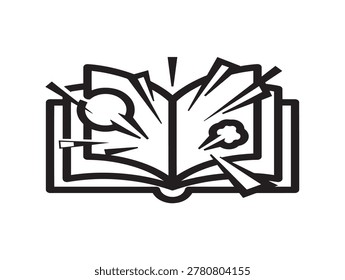 open comic book with paintbrushes and pencil vector illustration