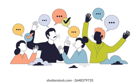 A comunicação aberta é mostrada por pessoas diversas trocando ideias, balões de fala e marcas de verificação, simbolizando o diálogo ativo. Estilo Doodle