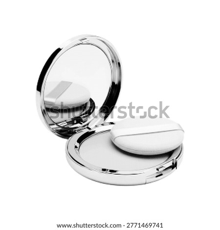 Open compact powder case in halftone style, monochrome dotted illustration of a round cosmetic compact with mirror and powder pan, isolated on light background.