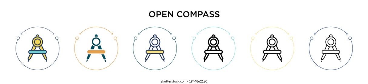 Open compass icon in filled, thin line, outline and stroke style. Vector illustration of two colored and black open compass vector icons designs can be used for mobile, ui, web