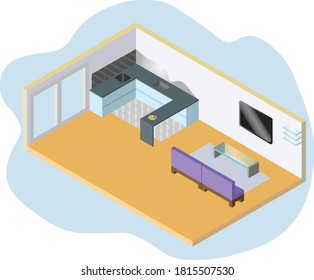 Cocina abierta y sala de estar. El mobiliario y la decoración de un pequeño apartamento. Gráfica vectorial isométrica simple.
