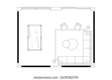 Open Concept Living and Billiards Floor Plan. Vector Black LInes on White Background. 7