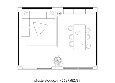 Open Concept Living and Library Floor Plan. Vector Black LInes on White Background. 9