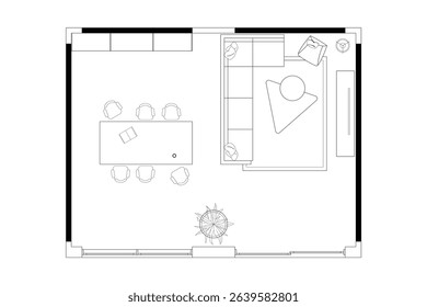Open Concept Living and Library Floor Plan. Vector Black LInes on White Background. 10