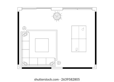 Open Concept Living and Tennis Table Area Plan. Vector Black LInes on White Background. 8