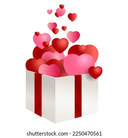 open Congratulatory white surprise box with silk red ribbon red hearts, design element for the holidays of the holy valentine, birthday, wedding, christmas