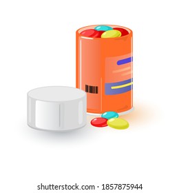 Open container with medical tablets for organism support. Vector immunity system help, painkillers and complex body vitamins. Medicine and healthcare isolated on white background