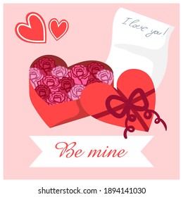 Open converd with roses. The inscription Be Mine. Set of flat isolated vector illustrations.